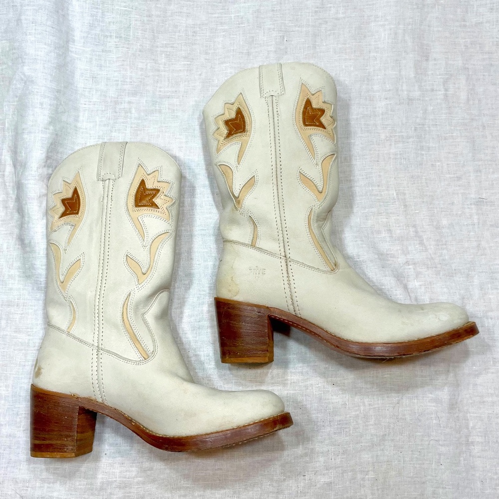 Frye - Western Boots - Cream and Tan - Stacked Heel - Sz. 10